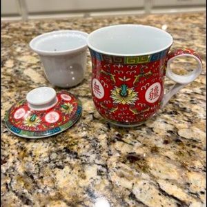 3 pc Tea Mug Red ~ Floral Asian Design